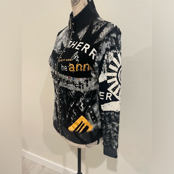 Black and White Bomber Jacket with High Collar and Graphic Design - Picture 2 of 9